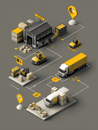 Illustration depicting a well-organized delivery route featuring a warehouse, forklift, and truck as essential components of logistical operationsの素材