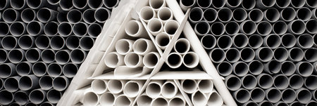 PVC pipes are neatly stacked in a triangle formation, showcasing an upper section that is white, situated in a construction location during daylight.の素材
