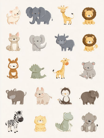 Funny cartoon animals are arranged in a playful layout on a neutral base, ideal for adding a whimsical touch to crafts and decorations.の素材