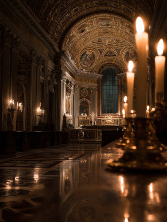 In a softly lit Vatican, flickering candles highlight details, inviting a tranquil atmosphere of reflection and reverence.の素材