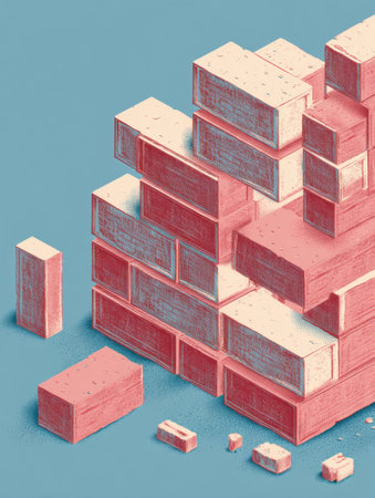 The illustration features a vibrant mix of bricks in different sizes, showing brick laying techniques for construction fans.の素材