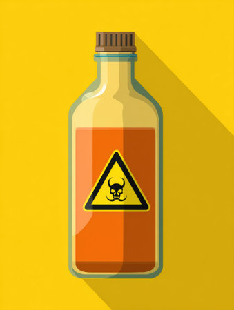 Flat design showing a poison bottle featuring a warning symbol, designed with a shadow effect for a modern look against a yellow backdrop.の素材