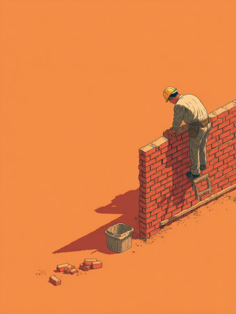 A skilled worker constructs a wall using bricks while standing on a ladder outdoors. The background features a bright orange hue, indicating a sunny day.の素材
