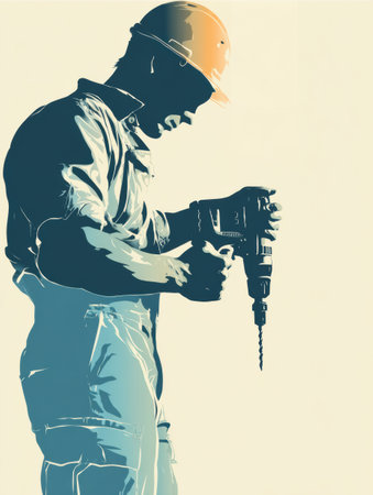 A worker focuses on operating a drill, wearing a safety helmet and working diligently.の素材