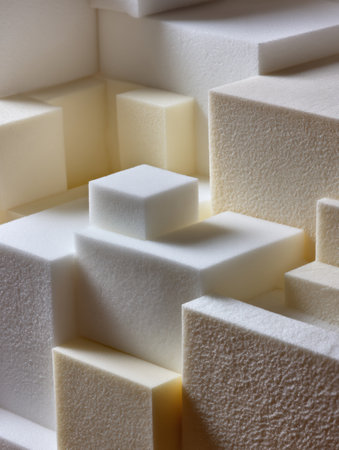 Various foam polyurethane blocks are meticulously arranged in geometric patterns, creating an intriguing visual effect with an empty upper area for balance.の素材