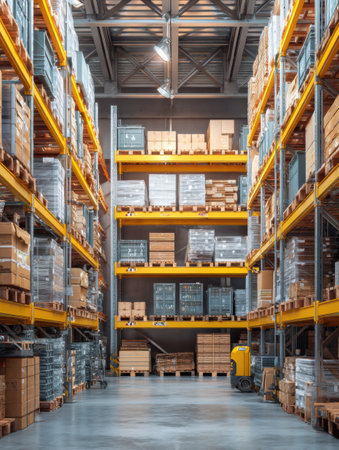Packed construction goods are neatly arranged on shelves in a spacious warehouse, showing efficient storage practices for inventory management.の素材