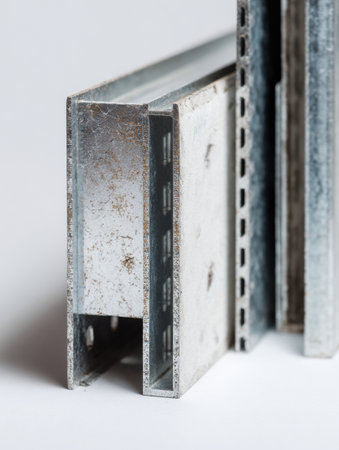 Detailed close-up of metallic profiles used in drywall assembly showing texture and structure against a soft white backdrop.の素材