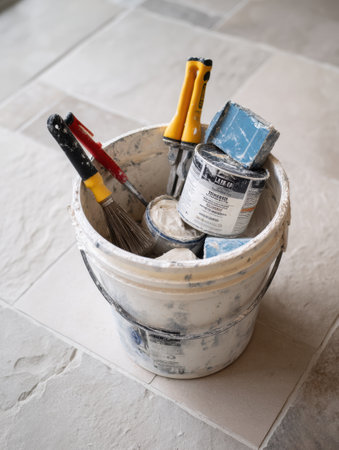 Construction tools and a bucket of tile adhesive positioned on the floor, indicating preparation for tiling work in a renovation space.の素材