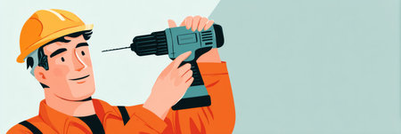 A skilled worker wearing an orange jumpsuit and hard hat is holding a drill, preparing for a task in a clean, well-lit environment.の素材