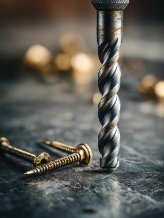 A metal drill bit rests on a steel sheet surrounded by screws, showcasing tools of construction and precise workmanship in a workshop setting.の素材