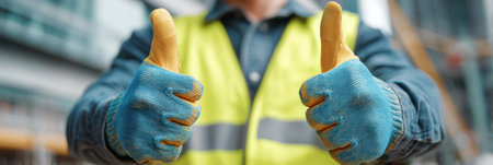 Worker wearing safety vest and gloves gives thumbs up at construction site, indicating a clear top zone while ensuring safety during the day.の素材