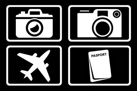 Four travel-themed icons display a camera, airplane, and passport arranged diagonally, set against a vivid sky zone designed for adventurers.の素材