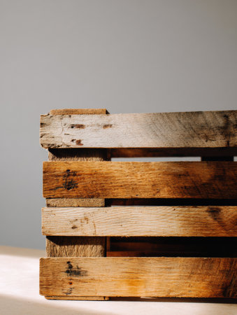 Wooden planks are neatly organized on a pallet with soft neutral light illuminating them.の素材
