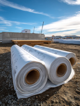 Waterproofing membrane sheets are neatly rolled up on a construction site, with a white margin visible above and a clear sky in the background.の素材