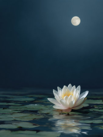 A beautiful lotus flower floats gracefully in still water, illuminated by soft moonlight, creating a peaceful atmosphere under a clear night sky.の素材