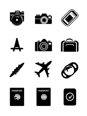 Collection of travel-related icons including a camera, airplane, and passport arranged diagonally against a simple background suitable for design useの素材
