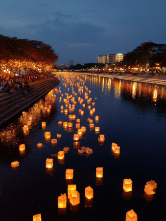 Paper lanterns drift serenely over the quiet river, glowing warmly as people gather along the banks to celebrate Vesak under a clear night sky.の素材