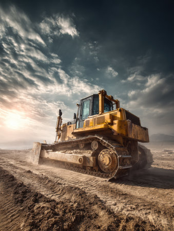 Bulldozer is excavating dirt on a dusty site as the sun sets, illuminating the clouds and creating a dramatic backdrop for construction activity.の素材