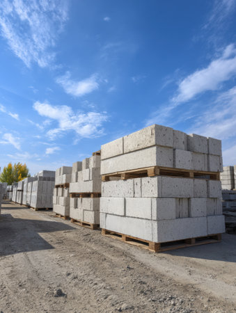 Pallets stacked with aerated concrete blocks are neatly arranged in a construction yard, showcasing a bright daylight atmosphere with a clear sky above.の素材