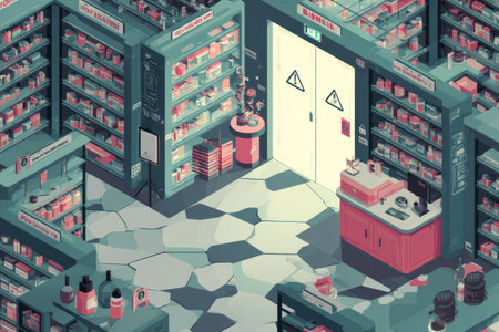 Pharmacy interior showcases locked toxic shelves, bright central area, and numerous medicinal products arranged neatly for easy access by customers.の素材