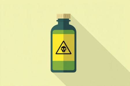 Flat representation of a poison bottle with a prominent warning symbol. The design is minimalist, emphasizing safety with an engaging shadow effect.の素材