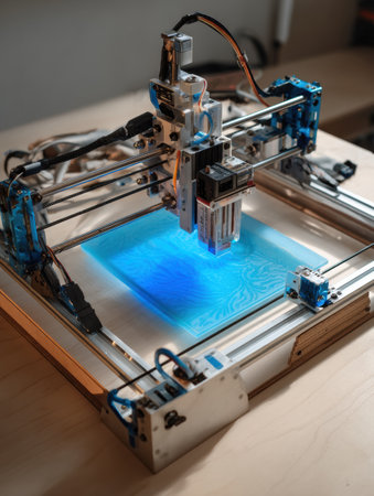 Engaging in a hands-on project with an open hardware kit on a tidy work surface while a tool illuminates the workspace with blue light during the evening.の素材