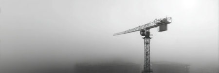 A towering crane stands prominently in the foggy morning light, poised above the city skyline, highlighting urban construction amid low visibility.の素材