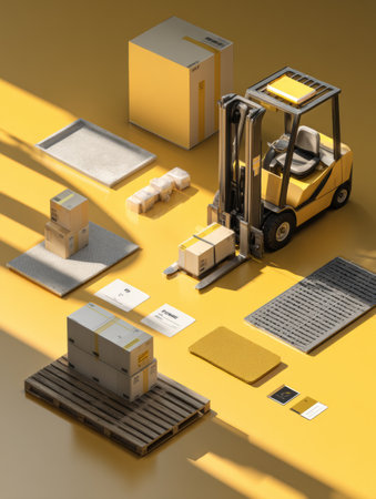 Material handling is showcased with a forklift lifting packages, surrounded by various labeled items on a clean yellow surface in bright lighting.の素材