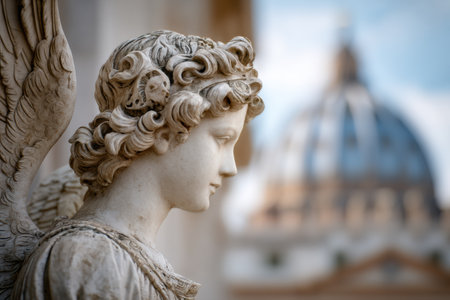 A detailed marble angel statue stands in profile, with the Vatican dome softly blurred behind, highlighting its artistry and historical importance.の素材