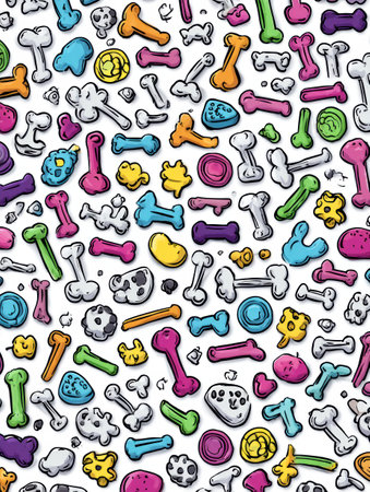 Pet care stickers featuring bones, paws, and toys are neatly arranged, adding flair to pet activities and crafts.の素材