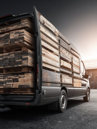 Side view of a logistics van filled with wooden planks, parked in an industrial area during early morning light, showcasing organized cargo.の素材