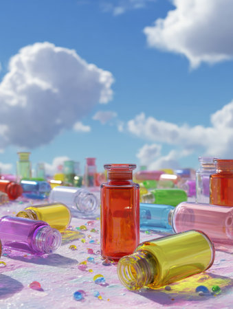 A collection of vivid medicine bottles in various colors rests on a bright surface, with one bottle tipped over, surrounded by colorful droplets and a blue sky.の素材