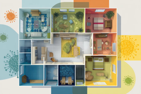 This infographic shows poison-safe zones at home, marking safe areas, hazards, and prevention tips in a vibrant layout.の素材