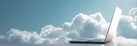 Transparent stickers featuring colorful designs adorn a laptop set against a serene white cloud sky, showing a blend of technology and creativity.の素材