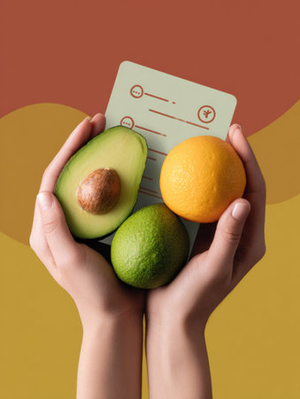 Hands showcase a ripe avocado and orange alongside recipe icons, highlighting healthy ingredients and culinary creativity in a warm environment.の素材