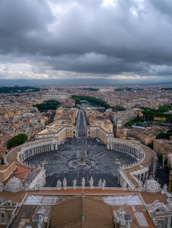 Vatican hilltop offers a panoramic view of the city below, featuring historic architecture and a moody sky brimming with clouds, enhancing the landscape.の素材