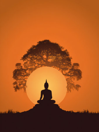 Buddha sits in meditation beneath a Bodhi tree as a warm sunset envelops the scene, symbolizing tranquility and spiritual awakening.の素材