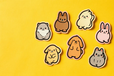 Cute pet stickers arranged on a sunny yellow background bring joy and creativity, perfect for children and animal lovers to use in various projects.の素材
