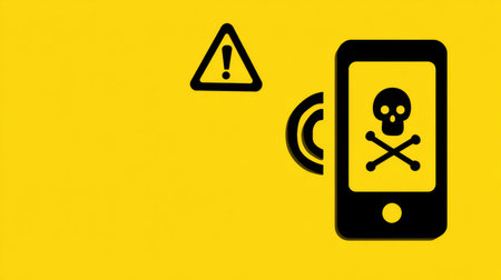 A poison helpline contact is prominently featured next to a warning icon and smartphone, all presented on a vivid yellow backdrop for visibility.の素材