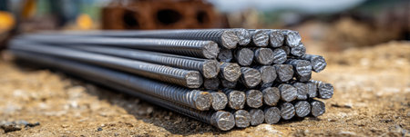 A neat bundle of steel rebar lies on the ground, showing its metallic texture against a blurred background of construction activity in daylight.の素材
