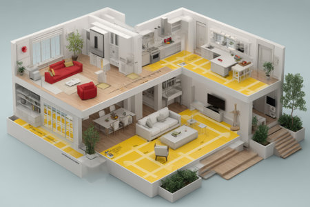 Infographic illustrating layout and design elements for poison-safe home zones, focusing on key areas like kitchens and living spaces for safety.の素材