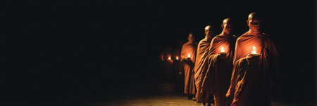 Monks dressed in traditional robes walk quietly at night, each holding a candle, creating a peaceful and contemplative environment.の素材