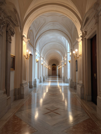 Arched corridor inside the Apostolic Palace features smooth marble flooring, intricate detailing, and warm light illuminating the historic space.の素材