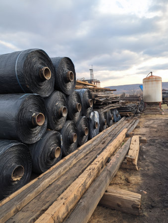 Bitumen rolls are neatly placed alongside a propane tank at a construction site, with wooden planks and a cloudy horizon in the background during early evening.の素材