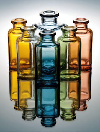 Colorful chemistry bottles are symmetrically arranged, creating a vibrant display with reflections, soft fading, and a minimalist background.の素材