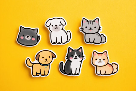 A collection of cute pet stickers showcases different animal designs against a vibrant yellow background, perfect for decorating notebooks or crafts.の素材