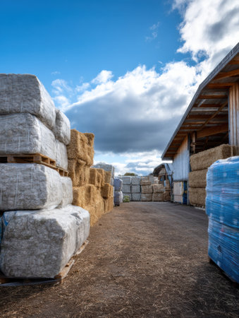 Stacks of insulation materials are organized neatly at a construction site under an expansive sky, ready for upcoming building projects.の素材