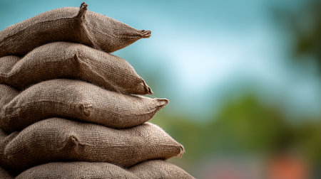 Stacked sandbags create a pyramid structure with a soft blurred background and gentle light, highlighting the texture of the burlap fabric.の素材