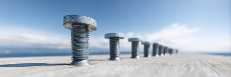Anchor bolts are arranged in a linear formation on a flat surface, showing clear skies and distant clouds, emphasizing construction readiness.の素材