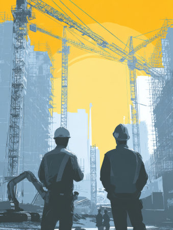 Two construction workers stand in an urban area, looking up at towering cranes while surrounded by construction activity under a bright sky.の素材